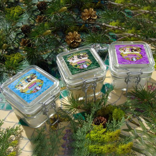Relaxing Kashmiri lavender, bucolic Snow Forest, and playfully calm Monkey Cat scents are gathered in this sensuous gift collection of natural organic cruelty free bath salts