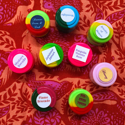 Solid Perfume Samples including our NEW Beaumes de Cassis, Pangolin Violette Rose, Luminous Lemurs, Flame Brocade, Jasmine Dawn & Dusk, Moonlight, Mystere Devoile, Fir-ever Young, and Jewelry of Heaven.