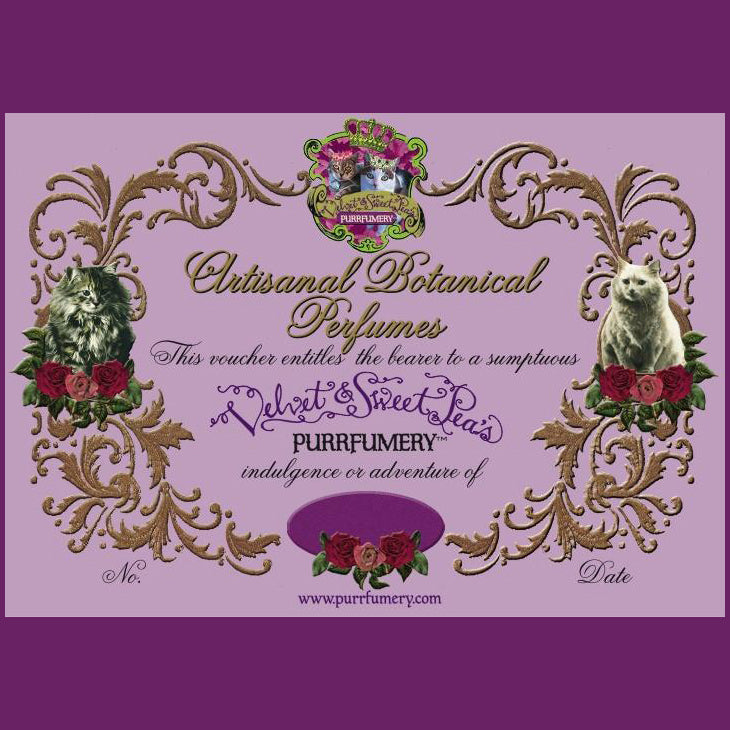 Purrfumery gift certificates are decorative and fun, and can be used for any Velvet & Sweet Pea product, Perfumery Adventure, or Custom Perfume experience.