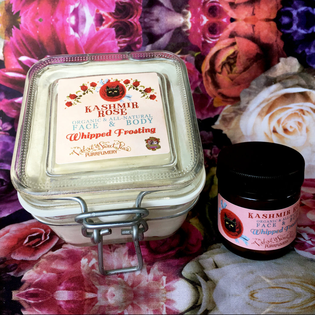 Applied to the skin, essence of rose has soothing, anti-inflammatory properties, and rose scent is both an aphrodisiac and stress reducer! Enjoy the benefits of both in this organic, all-natural whipped body frosting.